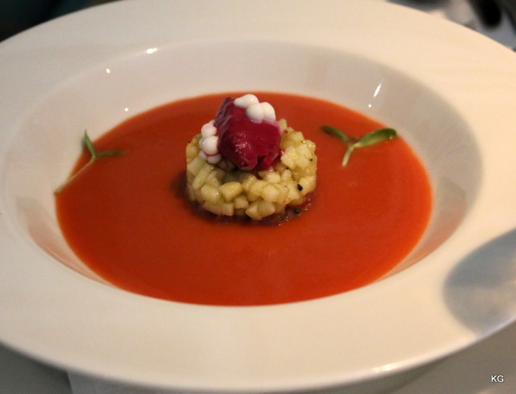 Tomato Gazpacho with Tuna Tartare and beetroot-feta caviar